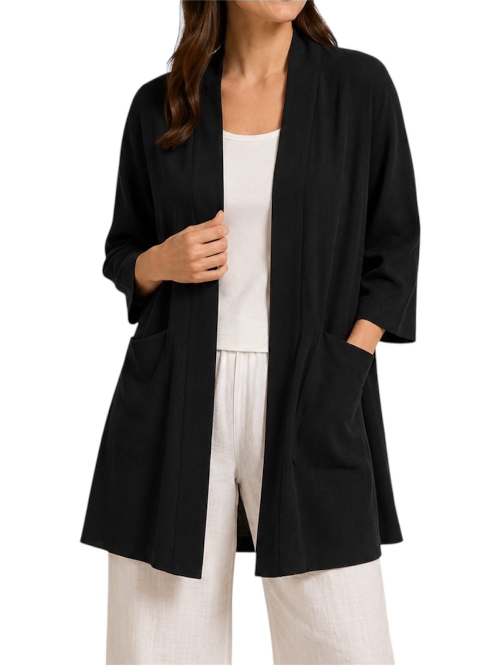 Eileen Fisher Black 100% Silk Georgette Crepe Open Kimono Jacket Medium